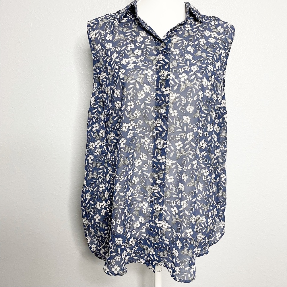 H&M Blue Sheer Sleeveless Button Down Blouse with Floral Butterfly Print Size 10